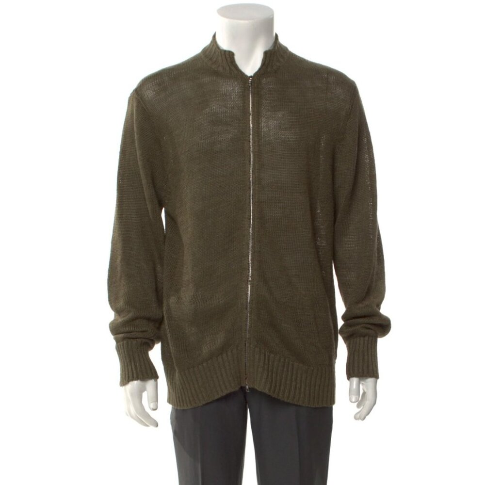 Inis Meain Meáin Linen Mock Neck Zip Up Cardigan Green Long Sleeve Size Large L